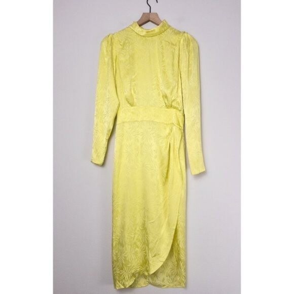 Ronny Kobo Kiara Silk Jacquard Dress M Slit Neon Asymmetric Long Sleeve - Picture 2 of 10